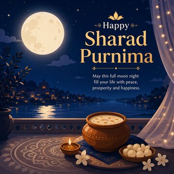 Sharad purnima night scene with traditional kheer pot and glowing full moon clay pot hindu festiva