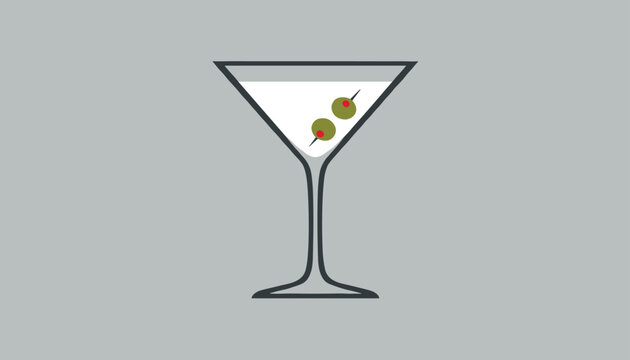 Classic martini cocktail in glass with green olives on toothpick isolated on solid gray background.