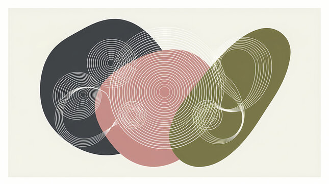 Abstract minimalist composition with organic shapes and fine white line circles on a light background.