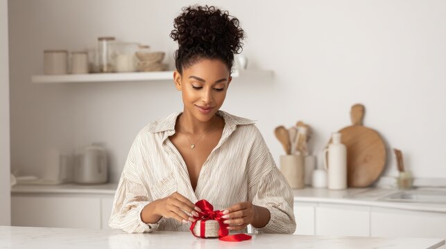 Woman Wrapping a Holiday Gift. A woman with her hair in a bun is carefully tying a red ribbon around a small gift box in a bright kitchen setting