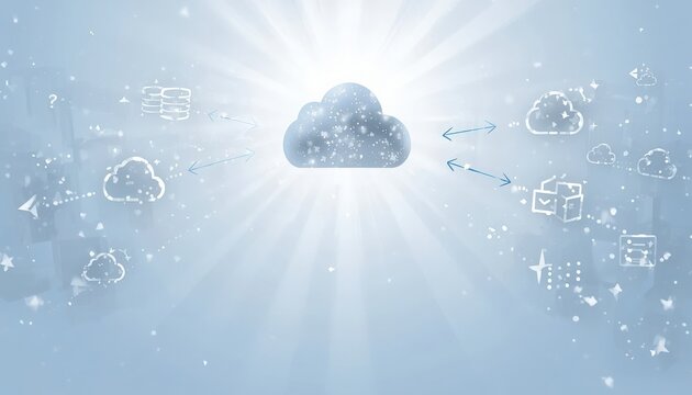 Cloud computing network concept with floating cloud icon and digital infrastructure data storage technology connection internet communication security transfer information database software