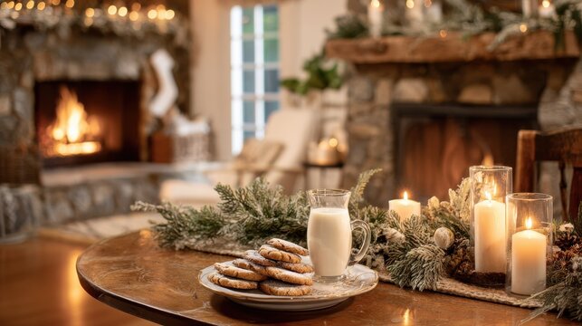 Christmas Eve Cookies and Milk. A cozy Christmas Eve scene with cookies and milk left out by the fireplace for Santa Claus