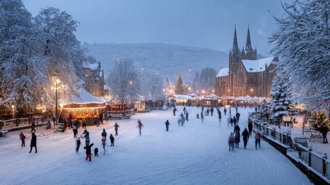 Winter Christmas Market Scene. A festive Christmas market bustles with activity under a blanket of snow, illuminated by warm lights and a towering cathedral in the background