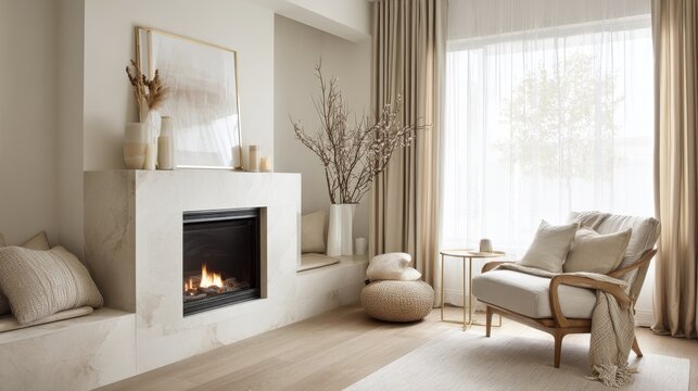 Cozy Living Room Fireplace Scene. A modern living room features a marble fireplace with a glowing fire, comfortable seating, and large windows with sheer curtains