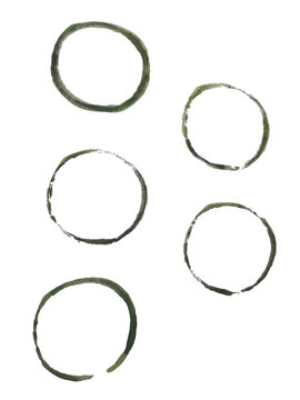 Five hand drawn rough circles with dark green ink texture on a simple paper surface for artistic design