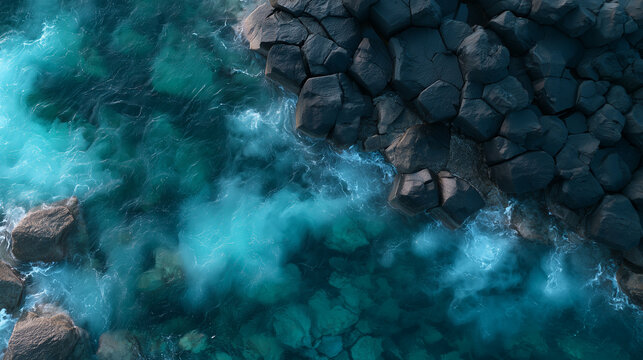 Aerial View of Turquoise Ocean Waves Crashing Against Volcanic Dark Rock Formations Along a Scenic Coastal Shoreline