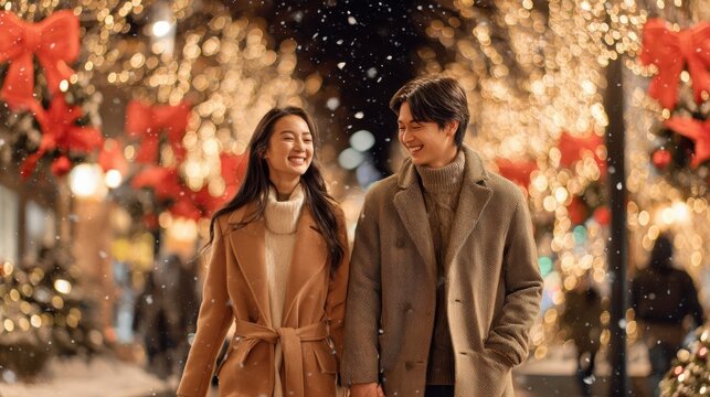 Couple Walking in Snowy Christmas Lights. A joyful young couple holds hands while walking through a beautifully decorated street during a snowy winter evening celebration