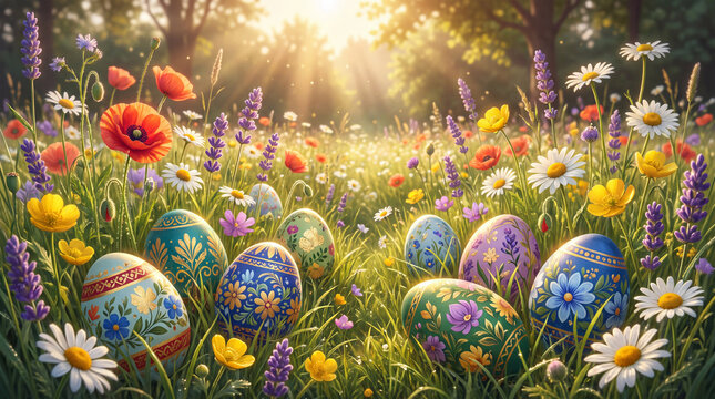 A vibrant collection of beautifully decorated Easter eggs nestled amid a lush spring meadow, surrounded by wildflowers, capturing the essence of Easter celebrations.