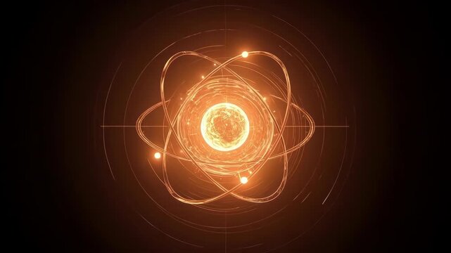 Glowing Atomic Nucleus with Orbital Electron Paths in Abstract Particle Science Space