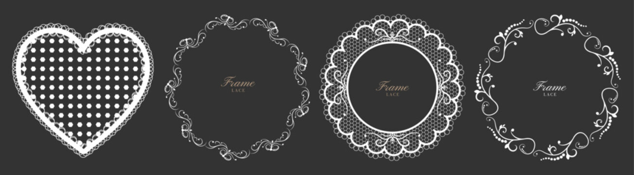 Lace frame set, white vector round and heart borders with vintage crochet doily pattern, floral scrolls and mesh. Horizontal layout for wedding invitation, card design and decoration.