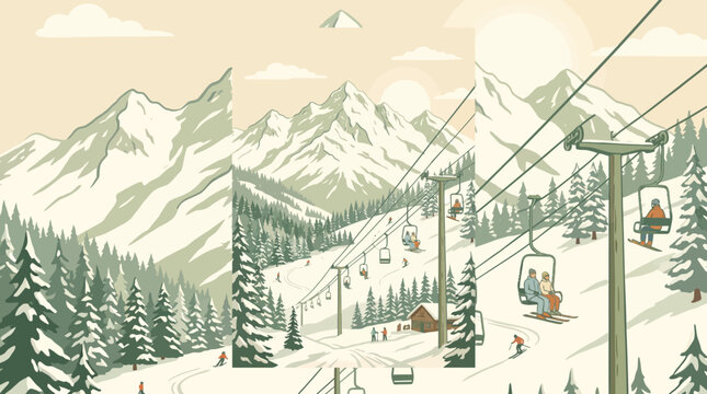 Ski resort mountain vector landscape with ski lifts, chairlifts, snowy alpine peaks, pine trees, and winter sports scenery
