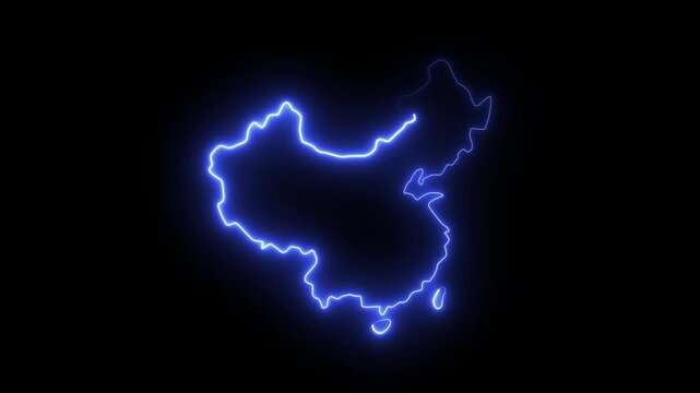 Glowing neon map of china outline, pulsing blue light effect on black background, for digital tech, and global business presentations 4K Motion video animation
