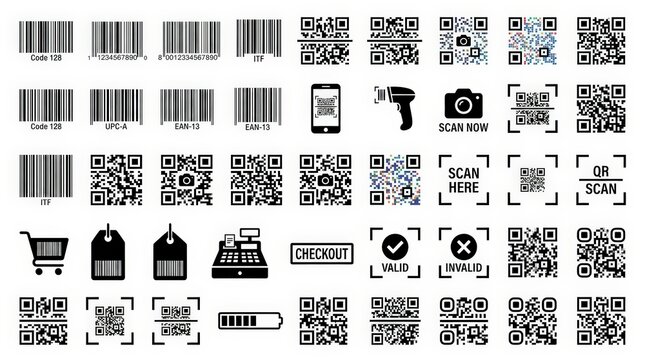 Digital barcode and QR code icons set. Retail scanning symbols for checkout and inventory. Black vector graphics for mobile payment and logistics.