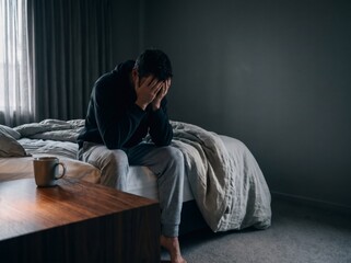 Fototapeta premium Depressed man sitting on edge of bed covering face with hands for insomnia and mental health concept