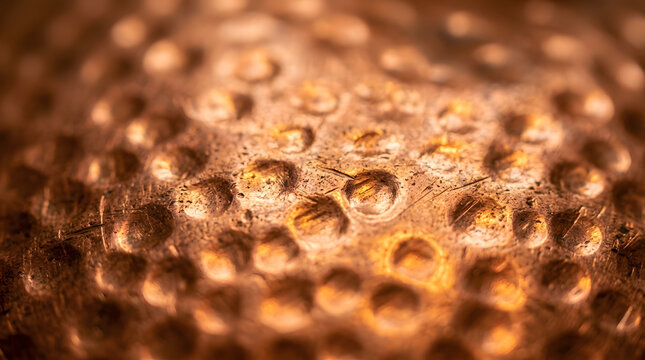 hammered copper texture background | macro shot of metallic surface indentations | bronze rose gold metal craft backdrop | industrial textured copper plate close-up