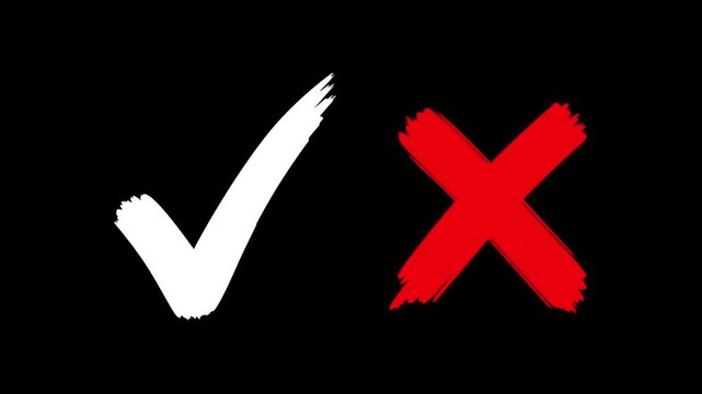 White check mark and red cross symbols on black background representing approval and rejection for validation, selection, comparison, and business decisions