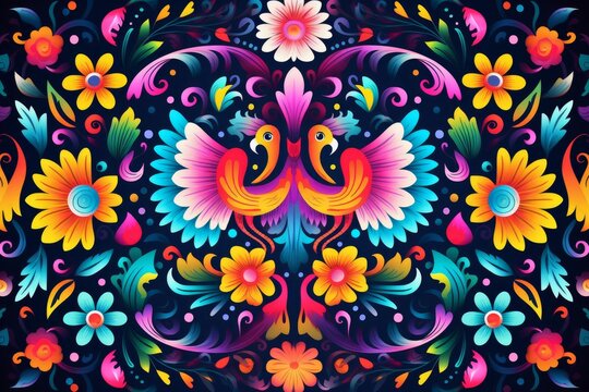 Intricate otomi inspired designs forming a symmetrical floral pattern with two peacocks