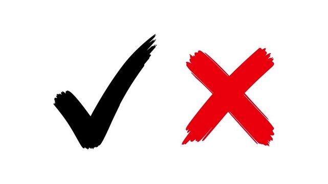 Black check mark and red cross symbols on white background illustrating correct and incorrect choices for approval, validation, comparison, selection, and business decisions