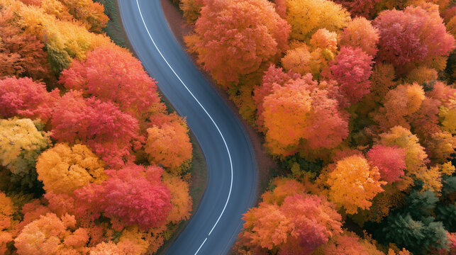 Aerial View of a Winding Country Road Surrounded by Vibrant Autumn Foliage in a Picturesque Forest Landscape During the Fall Season