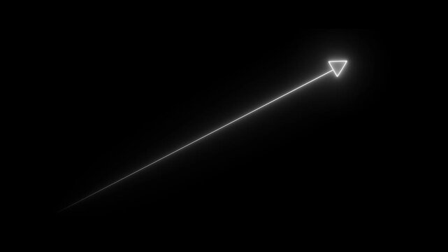 White upward arrow growth indicator with glowing neon line rising diagonally across black background for business, finance, progress and market trends