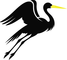 Fototapeta premium Black Heron Silhouette Vector. Minimalist bird emblem with yellow beak. Flying crane logo with spread wings. Graphic design illustration for branding.