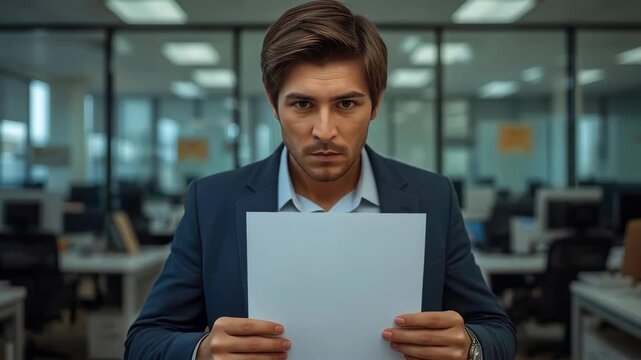 Young Businessman Holding Blank Document Behind Face Modern Office, Focused Professional Workplace