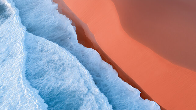 Aerial View of Turquoise Ocean Waves Crashing Against Vibrant Orange Sand Dunes on a Beautiful Tropical Beach Landscape