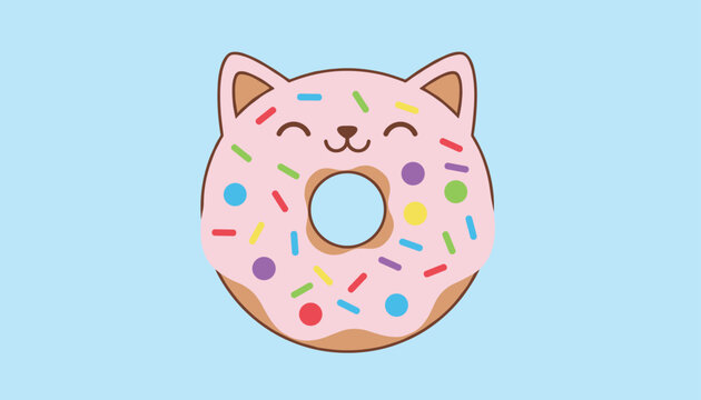 Adorable donut shaped like a cute cat features pink frosting, colorful candy sprinkles, and a sweet smiling face.