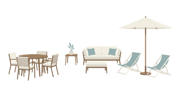 Complete set of modern outdoor garden furniture includes a dining table with chairs, a cozy sofa, and lounge chairs under an umbrella.
