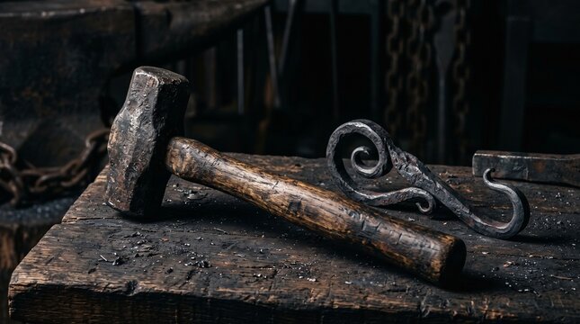 Hammer and iron hook on a rustic anvil in a blacksmith workshop  