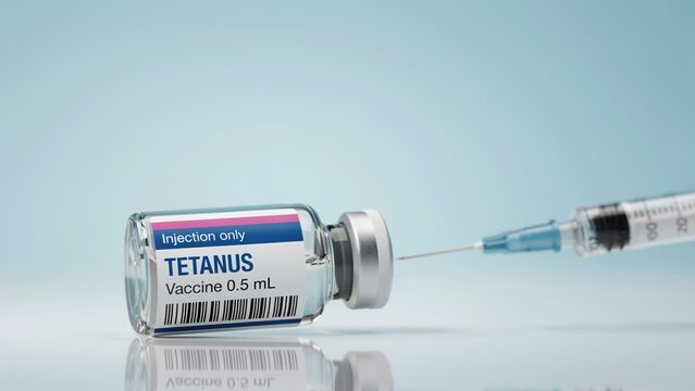 Glass vial with tetanus vaccine label and syringe on blue surface injection healthcare immunization prevention