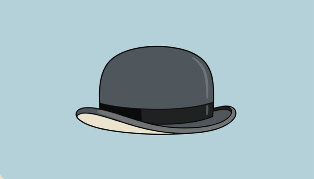 Classic dark grey felt bowler hat with a simple black ribbon band is presented against a soft light blue background.