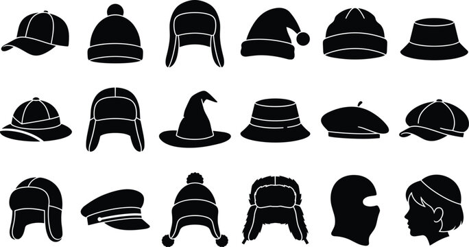 Collection of various black hat and headwear silhouettes including caps, beanies, and winter hats