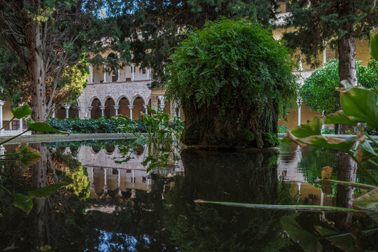 Monastery of Pedralbes Cloister Fountain Pond with Moss Rock and Water Reflections, Barcelona, Gothic Arches