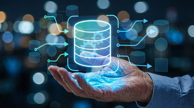 Open elderly hand presenting glowing digital database icon with connected network technologies.