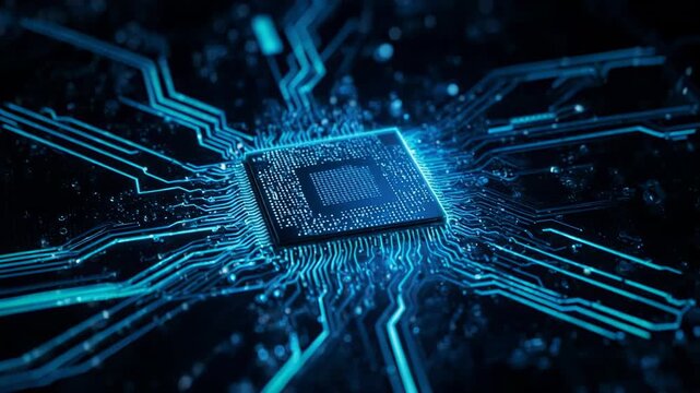 Close up circuit board microchip with glowing blue electric circuits in dark digital technology concept