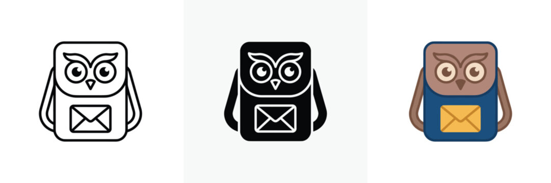 Owl backpack icon set in flat and outline styles with envelope motif for a creative vector illustration design