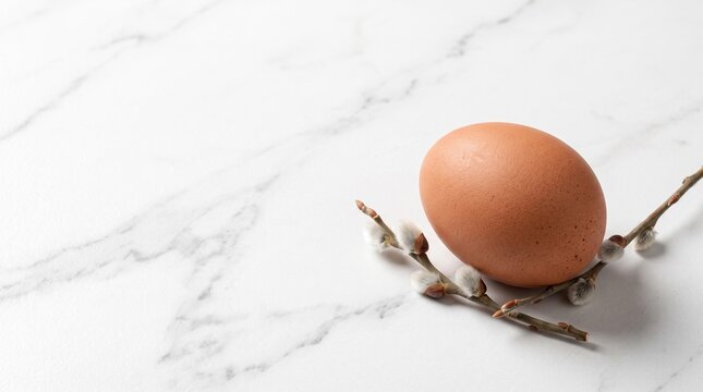 Natural brown chicken egg with delicate blooming pussy willow twig on white marble background, minimalist Easter holiday and spring rebirth concept with vast left copy space for banner design