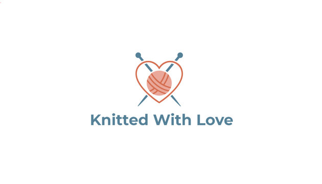 Sweet minimalist logo of crossing knitting needles behind a red heart with yarn ball for a knitting brand or shop.