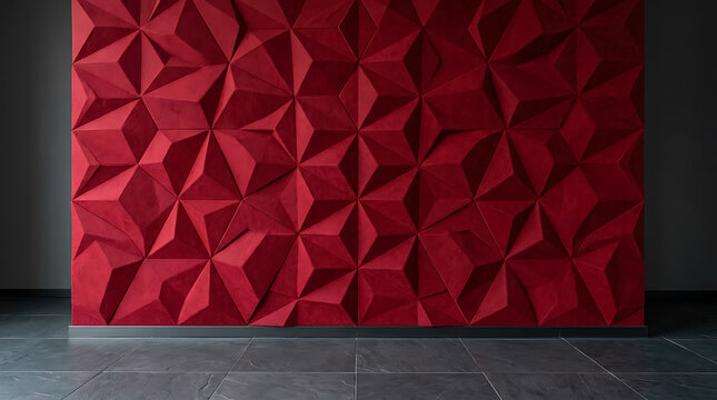 Modern red geometric textured wall panel in a room with tiled floor