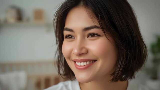 Asian Woman Smile Close Up Portrait with Short Dark Hair in Bright Home Interior Setting