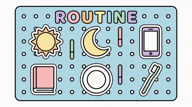 Teen Social Media Time Limit concept. Daily routine concept with sun, moon, phone, book, plate, and toothbrush icons.
