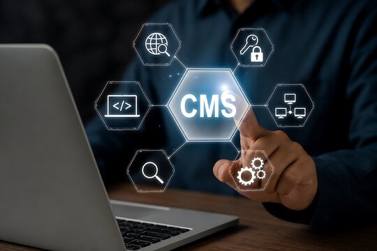 Hand interacting with glowing cms acronym and technology icons on laptop