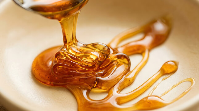 Golden syrup drizzling into a ceramic bowl | Thick organic honey pouring onto cream surface | Close-up macro of flowing liquid sweetener | Sweet amber maple syrup food photography
