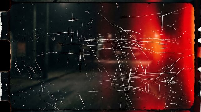 Scratched celluloid film texture featuring vibrant red light leak glow.