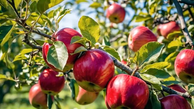 Closeup of glossy red apples ripening naturally among sunlit orchard leaves nearby