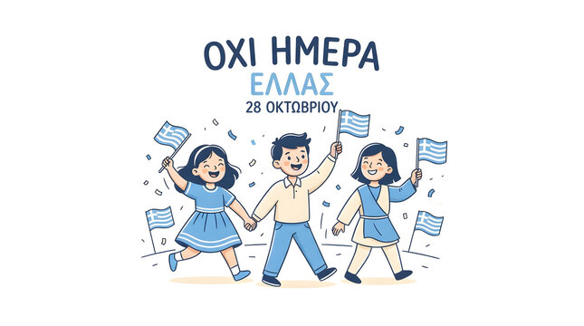 Oxi day hellas celebration with children holding greek flags in october.