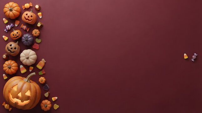 A festive halloween background featuring a collection of carved pumpkins and colorful candies arranged on a dark purple surface