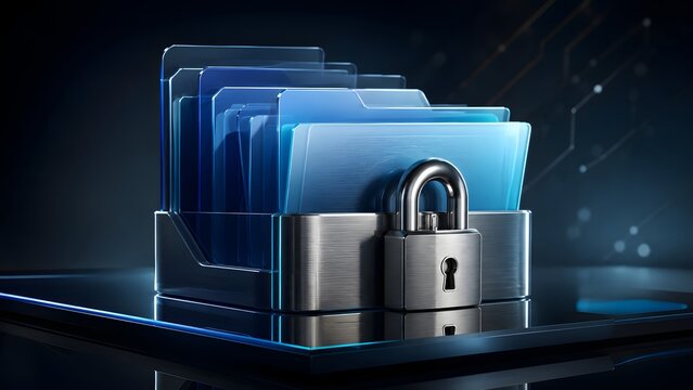 Encrypted Digital Database Rack Secured by Silver Padlock