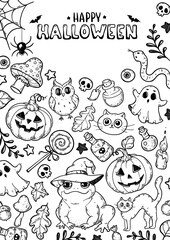 Fototapeta premium Halloween coloring page vector, hand drawn frame with witch frog, pumpkin, owl and ghost, black and white printable line art for kids